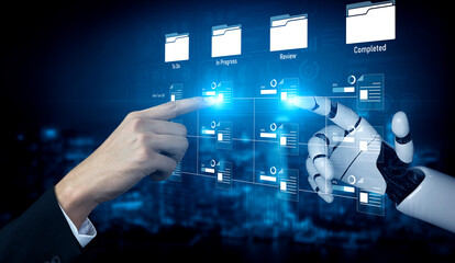 AI managing task workflow system, tracking document progress, analyzing productivity levels, and automating the status flow across structured project stages. Vouch