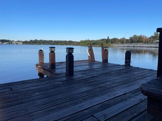 Lake Roy clear blue sky relaxing scene dock view looking out