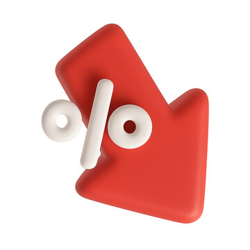 3D Render of Red Downward Arrow with White Percentage Symbol Representing Decline or Interest Rate Drop, isolated on transparent background