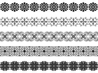 Floral geometric 5 set elements border strip lines.Seamless flower black in white background.Elegant mandala inspired ornamental with symmetry.Design for frame,print,textile,tatoo,embroidery,decorate.
