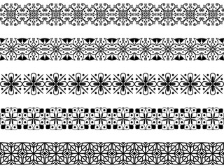 Floral geometric 5 set elements border strip lines.Seamless flower black in white background.Elegant mandala inspired ornamental with symmetry.Design for frame,print,textile,tatoo,embroidery,decorate.