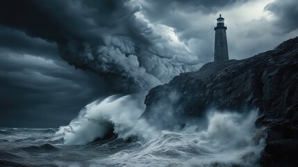 A violent storm over a rocky coastline, powerful waves crashing against black cliffs, sending massive spray into the air, a lone stone lighthouse standing against the tempest, dramatic, 