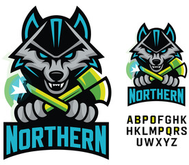 Wolf mascot logo professional esports gaming vector illustration with northern text and alphabet set for sports team branding identity fierce predator character with axes for stream design