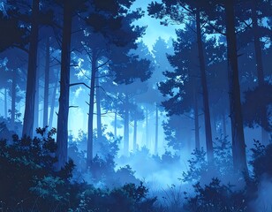 Deep blue forest scene with tall trees, fog, and soft light