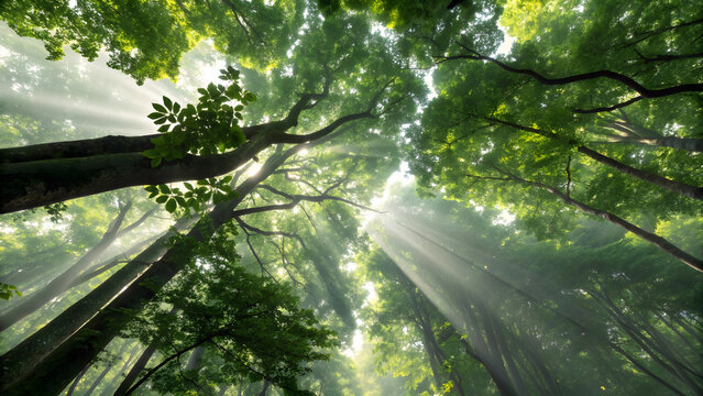 Majestic sunbeams illuminating a tranquil green forest canopy on a mystical morning - Powered by Adobe