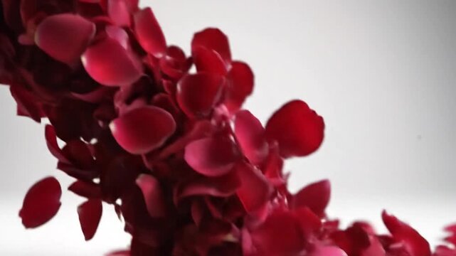 A soft-focus cascade of deep red rose petals gracefully tumbling in motion