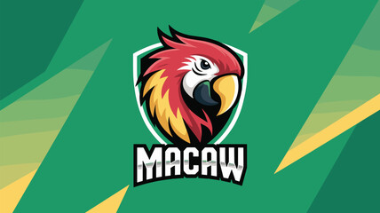 Macaw bird mascot logo design featuring vibrant parrot head on shield for gaming esports team identity professional sports club branding graphic with bold typography on green abstract background