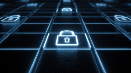 A glowing access grid where software obeys policy guides and permission rules to secure information before validating login