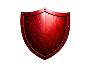 Red, scratched shield with rivets, isolated on black background