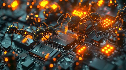 myrmecologist's (ant scientist's) organized ant farm, but the ants are tiny, glowing robots, all working together to build a complex microchip. A metaphor for a perfectly optimized, 