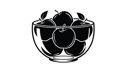 A black and white illustration depicting a glass bowl filled with apples