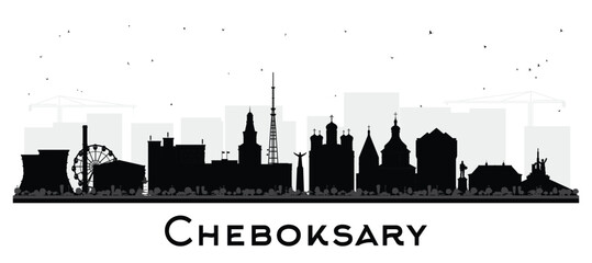 Naklejka premium Cheboksary Russia city skyline silhouette with black buildings isolated on white. Illustration. Cheboksary cityscape with landmarks. Travel and tourism concept with modern and historic architecture.