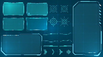 Digital Tactical HUD Design Pack. A modern HUD design set with holographic interface frames, target indicators, and virtual screen elements.