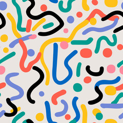 Colorful Abstract Memphis Style Seamless Pattern with Wavy Lines and Dots