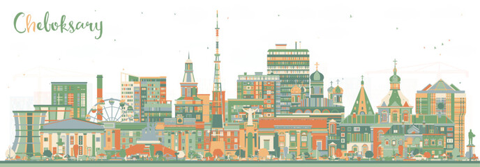 Cheboksary Russia city skyline with color buildings. Illustration. Cheboksary cityscape with landmarks. Business travel and tourism concept with modern and historic architecture.