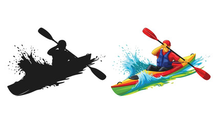 Colorful kayak illustration with a silhouette and vibrant water splash effect