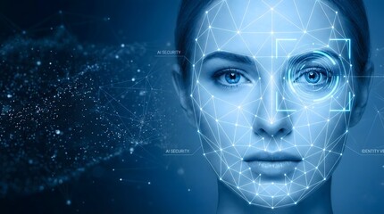 Text labels reading 'AI SECURITY' and 'IDENTITY VERIFICATION' appear alongside the mesh, highlighting the integration of artificial intelligence in modern cyber safety and surveillance systems."