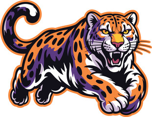 Jaguar mascot logo jumping leopard panther tiger character illustration on purple background for sports team identity gaming clan esports branding aggressive predator wild cat vector design style