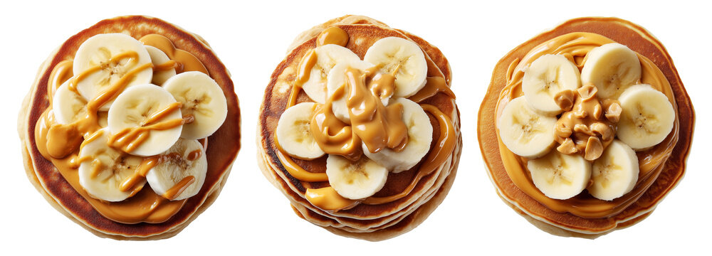 Stack of pancakes with banana slices, creamy peanut butter, and chopped peanuts isolated on white transparent background