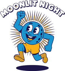 Retro rubber hose cartoon moon character running with energy and excitement in vintage mascot style for streetwear apparel design and nostalgic branding moonlit night celestial celestial mascot