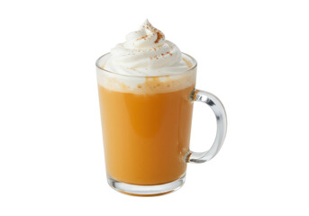Pumpkin spice latte with whipped cream isolated PNG, seasonal autumn beverage in a glass mug on transparent background