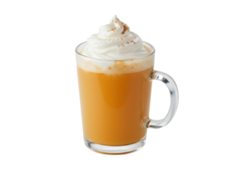 Pumpkin spice latte with whipped cream isolated PNG, seasonal autumn beverage in a glass mug on transparent background