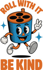 Retro cartoon film reel character with peace sign and motivational text roll with it be kind vintage rubber hose style mascot illustration for creative branding apparel design and poster art