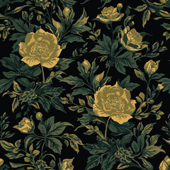 Elegant Golden Floral Vector Illustration,Luxury Botanical Pattern with Gold Flowers and Leaves,Vintage Floral Background in Dark Green and Gold,Decorative Golden Flower Design Vector Art.
