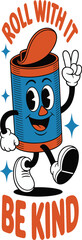 Retro rubber roller character illustration with roll with it be kind typography showing peace sign hand gesture in vintage cartoon mascot style for streetwear apparel design and positive lifestyle