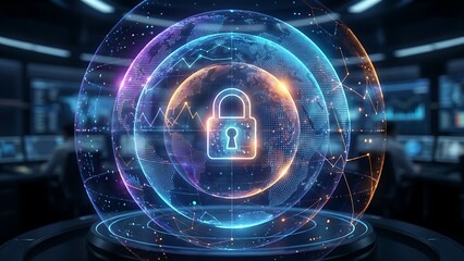 Digital globe with padlock icon, representing cybersecurity and global data protection in a futuristic network