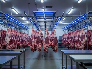 Rows of raw meat carcasses hang from an automated rail system in a sterile industrial processing plant under blue light