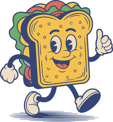 Retro cartoon sandwich character walking and giving thumbs up in vintage rubber hose style for restaurant branding fast food delivery marketing and nostalgic menu design on yellow background