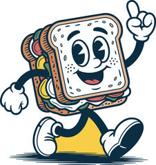 Retro cartoon sandwich character walking and pointing up on yellow background vintage rubber hose style mascot illustration for fast food restaurant marketing menu design and snack branding