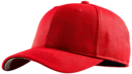 Red baseball cap isolated in high resolution png style with clean transparent background feel, crisp cutout ideal for apparel branding, sports team mockups, ecommerce product listings, stickers.