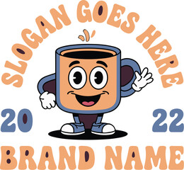 Retro cartoon coffee mug mascot character waving hand with vintage badge logo design for cafe branding and morning energy concept illustration in classic rubber hose style for apparel and merch