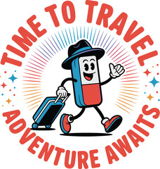 Retro cartoon character suitcase carrying luggage walking on adventure travel vacation journey sticker design vintage rubber hose style illustration for tourism agency and holiday marketing