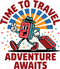 Retro cartoon character suitcase walking with luggage for summer vacation travel adventure awaits typography design vintage rubber hose style mascot illustration for tourism marketing and shirts