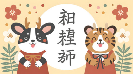 Naklejka premium Cute cartoon Japanese New Year characters, a dog and a tiger, with traditional calligraphy for lucky charms