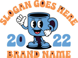 Vintage rubber hose cartoon coffee mug character logo with smiling blue cup mascot for retro branding and apparel design classic hand drawn aesthetic for cafe marketing and creative merchandise