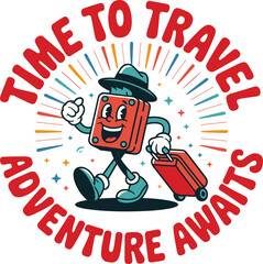 Retro cartoon suitcase character walking with luggage for summer vacation adventure awaits time to travel concept illustration for tourism marketing and holiday trip agency branding design assets
