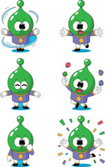 Cute green alien character set with various poses and expressions for mobile gaming apps gaming mascot illustration collection highlighting happy energetic friendly monster for kids branding