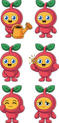 Cute red berry character set with different expressions and actions like watering plants and holding flowers for gardening education apps and nature conservation marketing mascot illustration