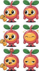 Cute berry character set with various facial expressions and watering can for gardening education and nature mascot design for children apps organic food branding and eco friendly mascots