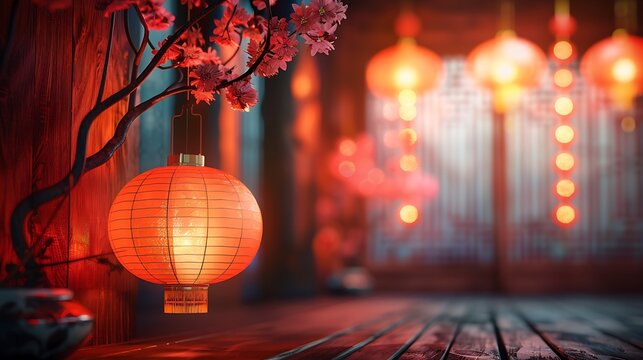 Festive chinese new year interior with lantern glow and empty s