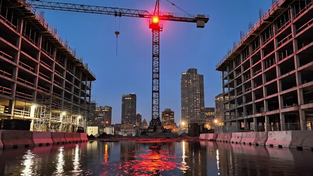 A construction site with a crane between two buildings under development, reflecting red lights on water