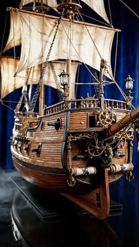 Intricate wooden model of a historic warship with full sails and ornate details