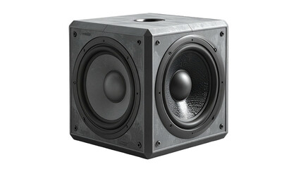 Fototapeta premium Cube-shaped speaker with woofers on three visible faces, textured grey finish