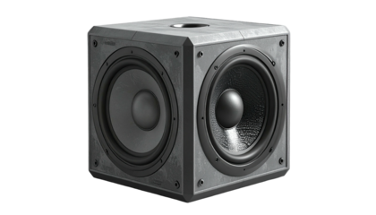 Cube-shaped speaker with woofers on three visible faces, textured grey finish