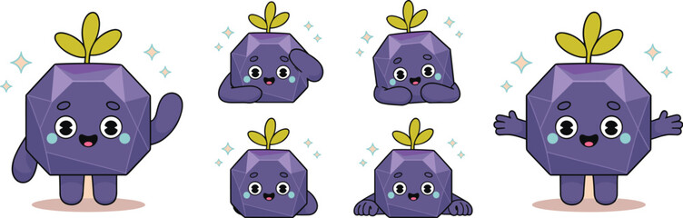 Cute purple crystal character set with friendly faces and green leaves representing growth and innovation in a collection of expressive mascot poses for brand identity and creative web design