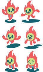 Cute fire character mascot set with various emotions and actions including running jumping and feeling sad flat cartoon flame illustration for branding gaming apps and educational child safety